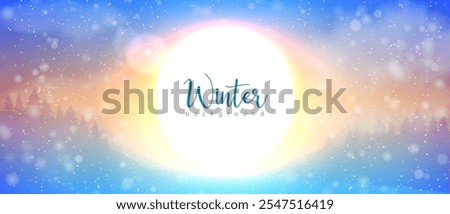 Winter snowfall sunrise nature horizontal background. Sun cloud forest vector landscape. Morning sky light effect. Sunlight abstract header banner. Christmas design for cover adventure tourism walks