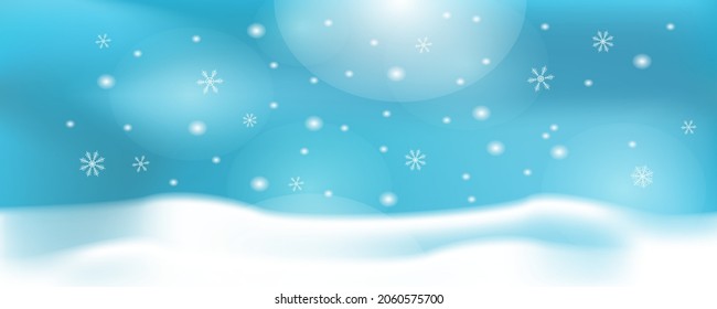Winter snowflake banner background with snow, mountain, landscape, and palm tree.