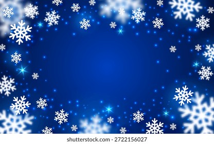 Winter snowflake blue white background. Seasonal trendy frame. Abstract snowflakes sparkles 3d greeting card. Christmas magic time poster template. Winter holiday banner concept vector illustration