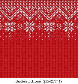 Winter snowflake Christmas knit sweater pattern. Vector traditional red knitted background featuring white snowflakes and geometric figures. Festive textile, wrapping paper, cozy winter holiday tile