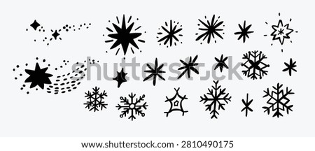 Winter snowflake clipart set with hand drawn doodle snowflakes and stars in outline style. Perfect for Christmas crafts, stickers, scrapbooking, invitations, coloring pages and holiday DIY projects. 100% hand drawn vector file.