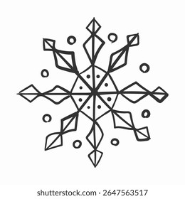 Winter snowflake collection. Ink drawn flake shapes and icy elements in festive graphic set. Christmas decoration for xmas cards, holiday backgrounds and seasonal greeting in cold frosty theme.
