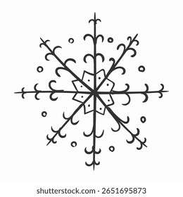 Winter snowflake collection. Ink drawn flake shapes and icy elements in festive graphic set. Christmas decoration for xmas cards, holiday backgrounds and seasonal greeting in cold frosty theme.
