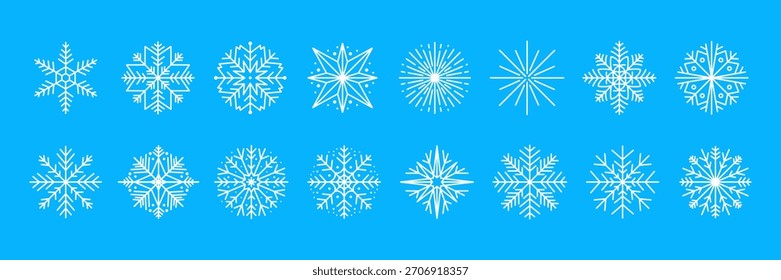 Winter Schneeflocken Kollektion weiße Schneeflocken auf hellblauem Hintergrund mit detaillierten geometrischen Mustern Weihnachten und Neujahr Feiertage Symbole