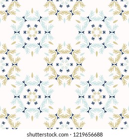 Winter Snowflake Crystal Seamless Vector Pattern. Festive Wreath Drawn Starry Illustration for Seasonal Fashion Prints, Christmas Packaging, Xmas Paper Goods, Nordic Wrapping, Scandi Style White Gold