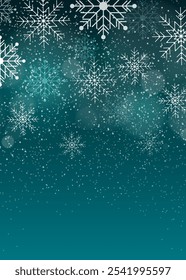 Winter snowflake design on green background. Falling snow christmas poster. Vector illustration