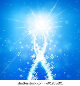 Winter snowflake falling into snow floor and lighting over blue abstract background for winter celebration promotion and christmas with copy space and vector illustration