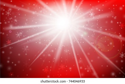 Winter snowflake falling into snow floor and lighting over red abstract background for winter celebration promotion and christmas with copy space and vector illustration