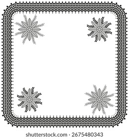 Winter snowflake frame. Decorative border ornament. Geometric line illustration. Black and white pattern. EPS 10.