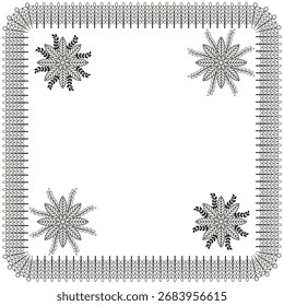Winter snowflake frame. Decorative border ornament. Geometric line illustration. Black and white pattern. EPS 10.