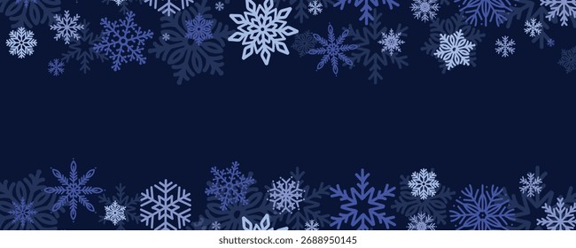 Winter snowflake frame on dark navy background. Elegant frosty border for Christmas and New Year greeting cards. Festive vector illustration with blue snowflakes.