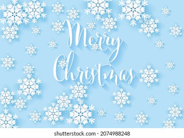 Winter snowflake greeting banner with blue background. Merry Christmas white snow invitation design card. Wintertime paper poster template for christmas holiday. Vector illustration concept