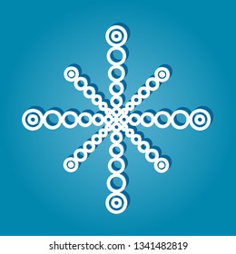 Winter snowflake logo white on blue background with shadow. Christmas and New Year decoration element. Vector illustration