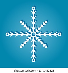 Winter snowflake logo white on blue background with shadow. Christmas and New Year decoration element. Vector illustration