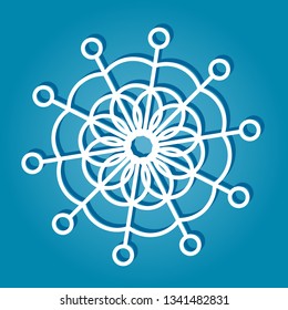 Winter snowflake logo white on blue background with shadow. Christmas and New Year decoration element. Vector illustration
