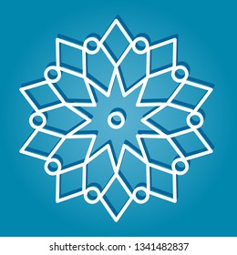 Winter snowflake logo white on blue background with shadow. Christmas and New Year decoration element. Vector illustration