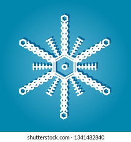 Winter snowflake logo white on blue background with shadow. Christmas and New Year decoration element. Vector illustration