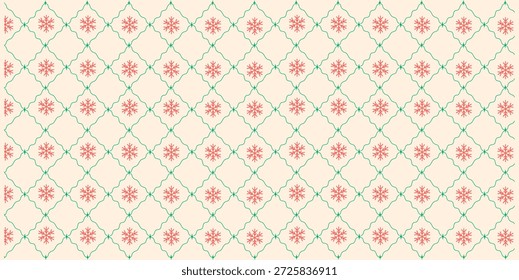 Modelo inconsútil del ornamento del copo de nieve del invierno en tonos verdes y rojos