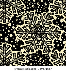 Winter snowflake print, seamless hand craft expressive ink  pattern.Funky painted style texture, poster with different doodles for textile,wrapping, decoration  