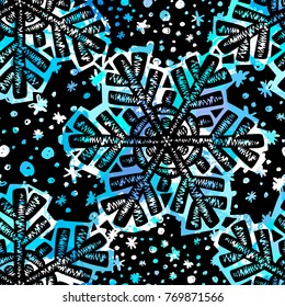 Winter snowflake print, seamless hand craft expressive ink  pattern.Funky painted style texture, poster with different doodles for textile,wrapping, decoration  