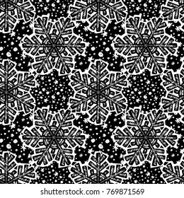 Winter snowflake print, seamless hand craft expressive ink  pattern.Funky painted style texture, poster with different doodles for textile,wrapping, decoration  
