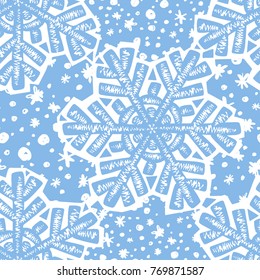 Winter snowflake print, seamless hand craft expressive ink  pattern.Funky painted style texture, poster with different doodles for textile,wrapping, decoration  