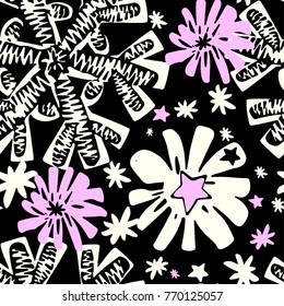 Winter snowflake print, seamless hand craft expressive ink  pattern.Funky painted style texture, poster with different doodles for textile,wrapping, decoration  