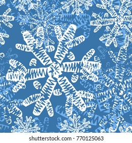 Winter snowflake print, seamless hand craft expressive ink  pattern.Funky painted style texture, poster with different doodles for textile,wrapping, decoration  