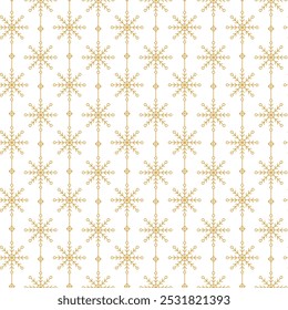 Winter snowflake seamless pattern. Christmas, new year white repeated background. Small gold snow flakes for Winter holidays. Perfect for decor, wallpapers, wrapping, website, wrappers, papers