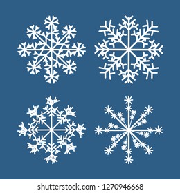 Winter snowflake set of white isolated icon silhouette on blue background. Vector design element. Eps 8