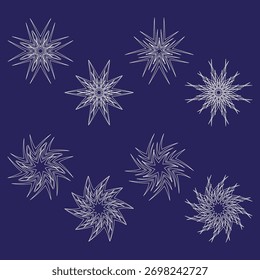 Formas de copo de nieve de invierno. Símbolos de línea de cristal. Vector de fondo azul oscuro. Delicada ilustración de escarcha. EPS 10.