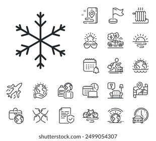 Winterschneeflocken-Schild. Symbole für Flugzeuge, Reisepläne und Gepäckansprüche. Symbol für Schneewettervorhersage. Symbol für Klimaanlage. Schneeflocken-Linienzeichen. Autovermietung, Taxi-Transport-Symbol. Vektorgrafik