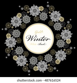 Winter snowflake silver circle wreath background with gold white snowflake and black background and label text place. Round snowflake frame silver design. Vector illustration stock vector