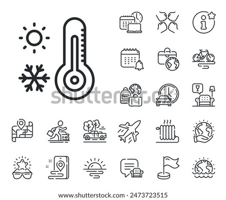 Winter snowflake, sun sign. Plane jet, travel map and baggage claim outline icons. Weather thermometer line icon. Temperature symbol. Weather thermometer line sign. Vector