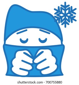 winter or snowflake symbol and freezing or cold emoticon wrapped in a warm scarf or sweater and wearing a knitted hat, simplistic facial expression vector illustration