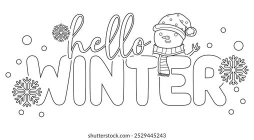 winter snowflake typography sublimation black and white silhouette line art design - hello winter snowman sticker vector illustration clipart - holiday lettering