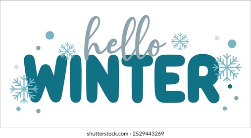 Diseño de sublimación de tipografía de copo de nieve de invierno - Clipart de Ilustración vectorial de pegatinas de hombre de nieve de invierno de hola - fuente de letras de vacaciones