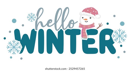 Diseño de sublimación de tipografía de copo de nieve de invierno - Hola Clipart de Ilustración vectorial de pegatinas de muñeco de nieve de invierno - fuente de letras de vacaciones,