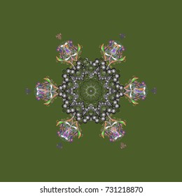 Winter snowflake, vector background. Isolated nice snowflakes on colorful background. Repeated texture for surface, wrapping paper, on green, gray and violet colors. Vector illustration.