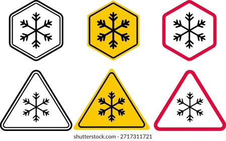 winter snowflake warning icon set, flat vector cold weather and frost alert symbols