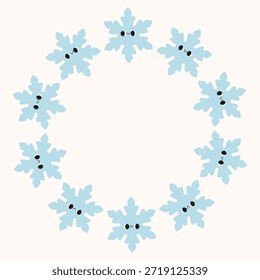 Moldura de coroa de floco de neve de inverno feita de flocos de neve azuis bonitos. Borda decorativa circular para fundos de férias, convites, cartões de felicitações e design sazonal.
