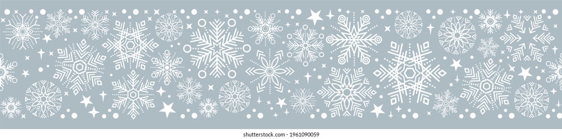 Winter snowflakes background border, vector gray and white header for winter holidays 