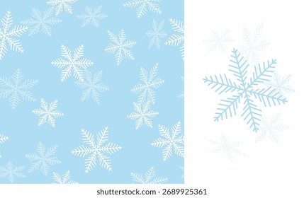 Fondo y elemento de copos de nieve de invierno. Delicado año Nuevo y Navidades sin patrón. Ilustración vectorial. Diseño para papel de regalo e impresión de tela.