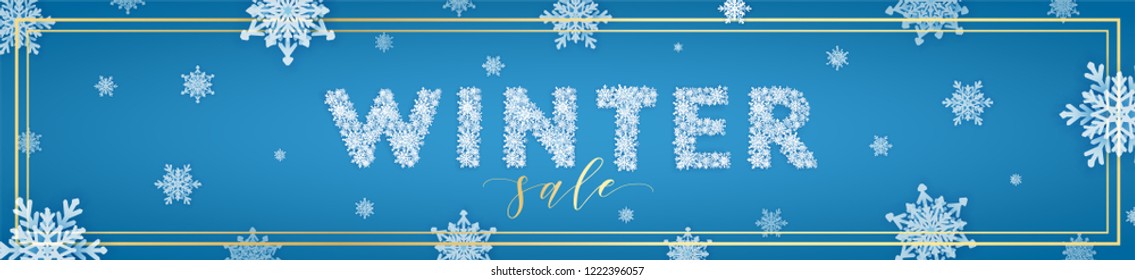 Winter snowflakes background with paper cut snow flakes. Merry Christmas and Happy New Year greetings card. Snow fall text. Holidays seasonal background. Vector sale banner template. Origami snowfall.