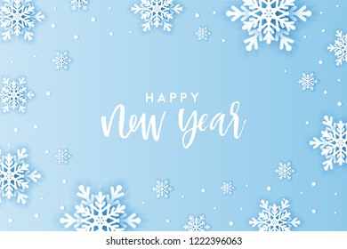 Winter snowflakes background with paper cut snow flakes. Merry Christmas and Happy New Year greetings card. Snow fall text. Holidays seasonal background. Vector sale banner template. Origami snowfall.