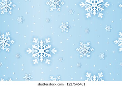 Winter snowflakes background with paper cut snow flakes. Merry Christmas and Happy New Year greetings card. Snow fall text. Holidays seasonal background. Vector sale banner template. Origami snowfall.