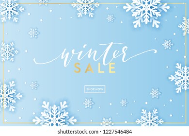 Winter snowflakes background with paper cut snow flakes. Merry Christmas and Happy New Year greetings card. Snow fall text. Holidays seasonal background. Vector sale banner template. Origami snowfall.