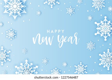 Winter snowflakes background with paper cut snow flakes. Merry Christmas and Happy New Year greetings card. Snow fall text. Holidays seasonal background. Vector sale banner template. Origami snowfall.