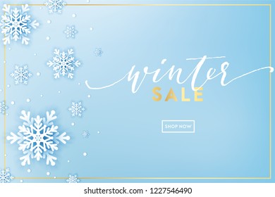 Winter snowflakes background with paper cut snow flakes. Merry Christmas and Happy New Year greetings card. Snow fall text. Holidays seasonal background. Vector sale banner template. Origami snowfall.