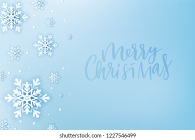 Winter snowflakes background with paper cut snow flakes. Merry Christmas and Happy New Year greetings card. Snow fall text. Holidays seasonal background. Vector sale banner template. Origami snowfall.